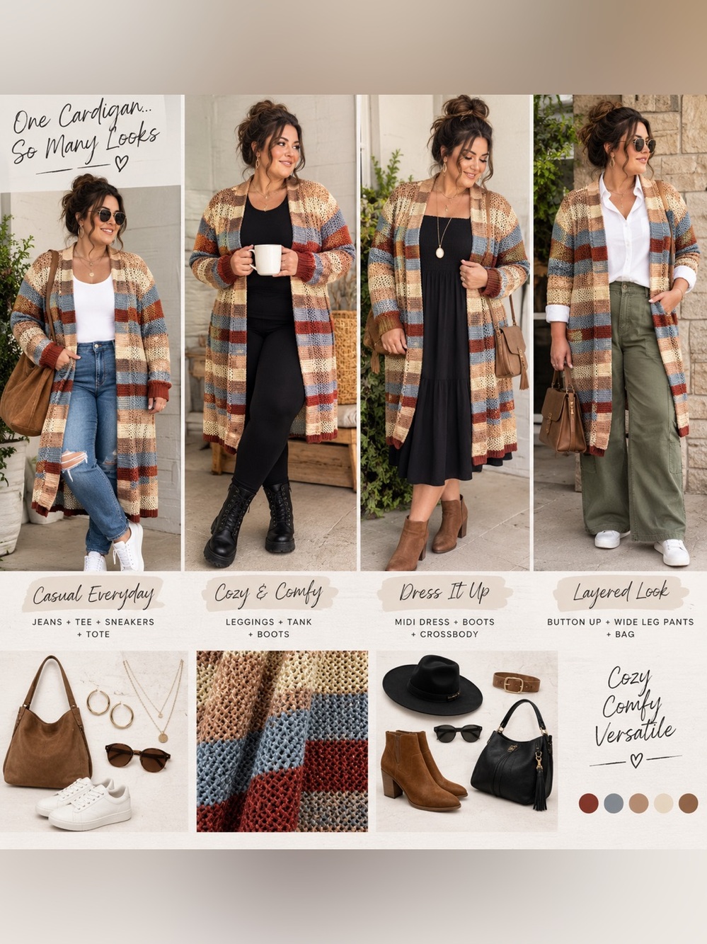Kismet Striped Open-Front Cardigan in Rust, Blue, Cream, Tan